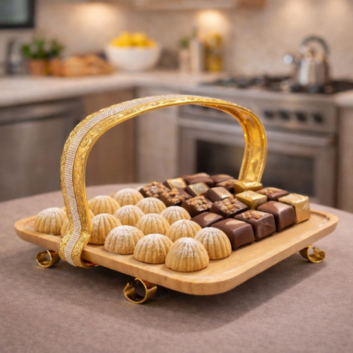Wooden Serving Tray with Gold Metal Stand