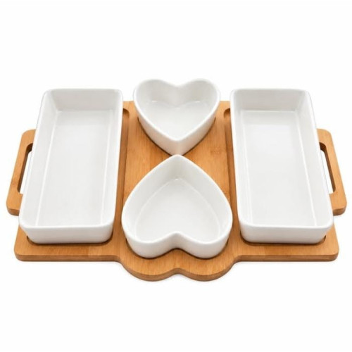 Serving Set with Wooden Base and Ceramic Bowls