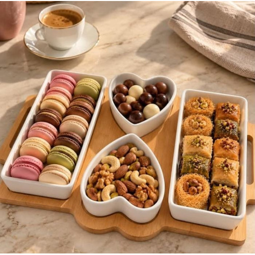 Serving Set with Wooden Base and Ceramic Bowls