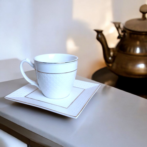 Tea cups- set 12pcs for 6 person (6cups and 6 square saucers) white and gold Tea cups- set 12pcs for 6 person (6cups and 6 square saucers) white and gold