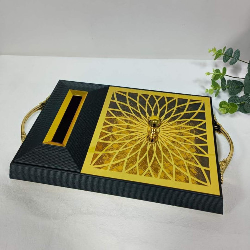 Engraved Deco Black Candy Box Tray – 2 Compartments with Lid for Nuts & Chocolates