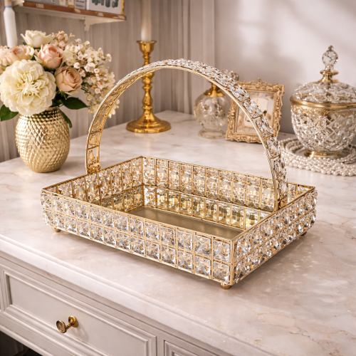 Mirror Rectangle Serving Tray With Crystal Elegant Display & Serving Tray