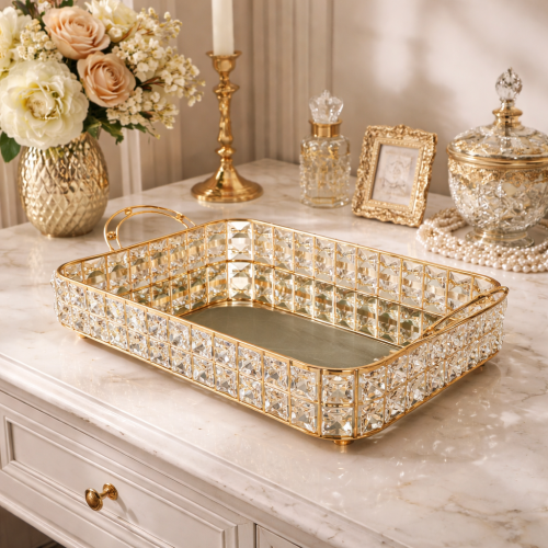 Mirror Rectangle Serving Tray With Crystal Elegant Display & Serving Tray