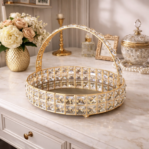 Mirror Round Serving Tray With Crystal Elegant Display & Serving Tray