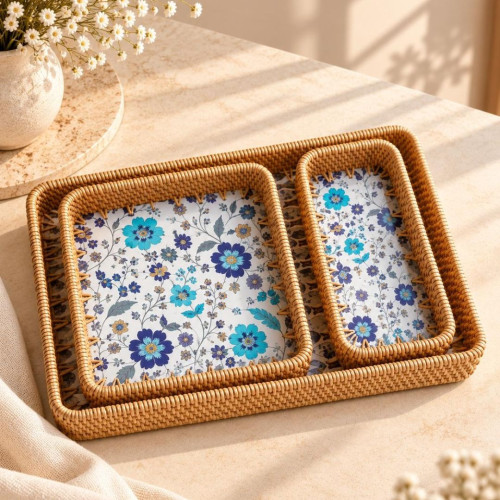 3-Piece Rectangular Hand-Woven Rattan Serving Tray Set