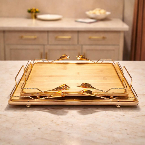 Wooden Serving Tray Set with Gold Details – 2 Pieces