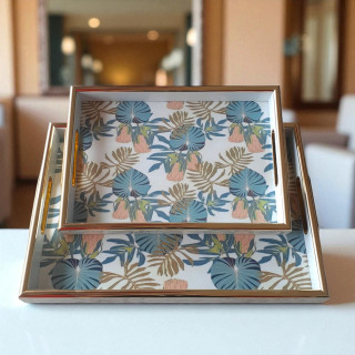 White and Gold Floral Tray Set (2pcs) – Elegant Serving Trays for Home Decor