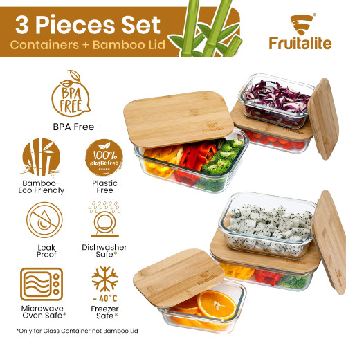 Borosilicate Glass Food Storage Container Set – 370ml, 640ml & 1050ml (Set of 3) with Bamboo Lids