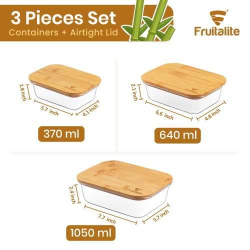 Borosilicate Glass Food Storage Container Set – 370ml, 640ml & 1050ml (Set of 3) with Bamboo Lids