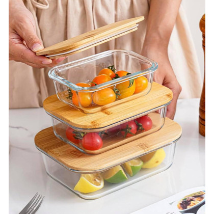 Borosilicate Glass Food Storage Container Set – 370ml, 640ml & 1050ml (Set of 3) with Bamboo Lids