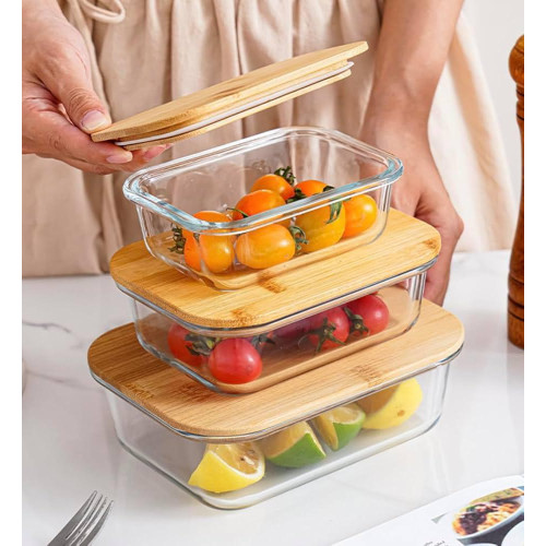 Borosilicate Glass Food Storage Container Set – 370ml, 640ml & 1050ml (Set of 3) with Bamboo Lids