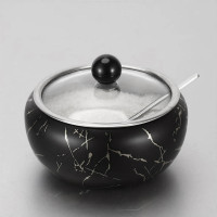 Stainless Steel Coffee Sugar Bowl With Spoon And Clear Glass Lid - black Marble Design Condiment Pot Spice Container Salt Sugar Pot - Multifunctional Seasoning Tank