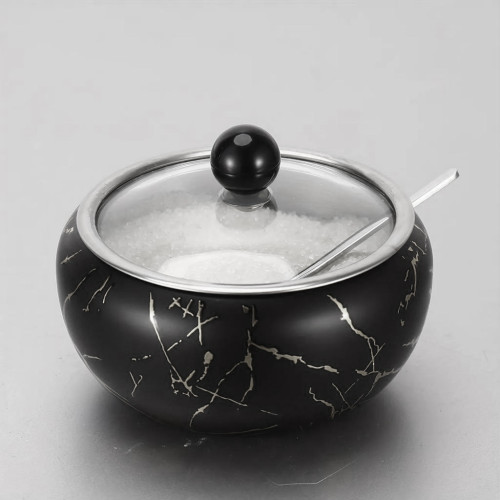 Stainless Steel Coffee Sugar Bowl With Spoon And Clear Glass Lid - black Marble Design Condiment Pot Spice Container Salt Sugar Pot - Multifunctional Seasoning Tank
