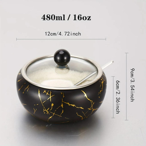Sugar Bowl With Spoon And Clear Glass Lid - Marble Design Condiment Pot Spice Container Salt Sugar Pot - Multifunctional Seasoning Tank