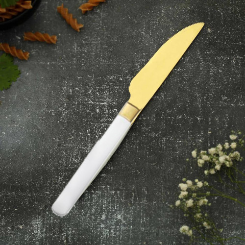 Dinner Knife, Gold Plastic knife, Set Of 6 Pieces Disposable Gold Flatware with White Handle, Look Like Gold Cutlery for Party Wedding