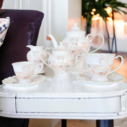 fanquare 27 Pieces Porcelain Vintage 6 Teacup & 6 coffeecup Set,Rose Flowers Tea Party Set for Women,Adults,