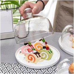 Ceramic Cake Pan Glass Cover Round Decorative Plate with Transparent Cover Display Stand Tray Cake Stand Snack Dessert Plate