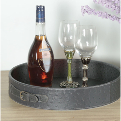 2Pcs Leather Round Tray, Serving Tray set with Handles, Decorative Catchall Vanity Tray, Coffee Tray, Faux Leather Ottoman Tray for Home Or Office, Diameter