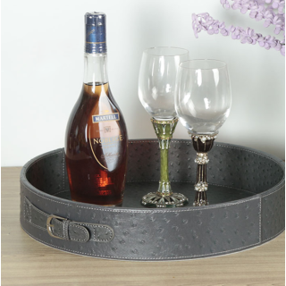 2Pcs Leather Round Tray, Serving Tray set with Handles, Decorative Catchall Vanity Tray, Coffee Tray, Faux Leather Ottoman Tray for Home Or Office, Diameter