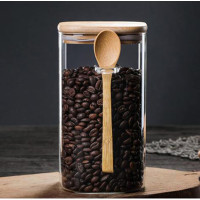 Glass Sealed Storage Jar with Wooden Cover Bamboo Spoon Coffee Bean Cans Kitchen Supplies Milk Powder Tea Box 1000ml New