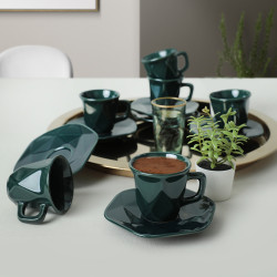 Metallic Green Crystal Coffee Cup Set 12 Pieces for 6 Person
