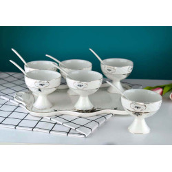Glossy Porcelain Bone China Embossed  White Ice Cream Bowl Sweet Dish with Spoon & tray. Set of 6