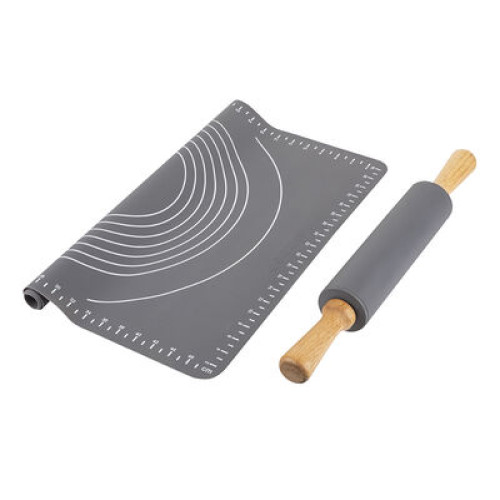 Tantitoni Gray 2 Pcs Silicone Dough Rolling Mat and Roller Set Tantitoni Gray 2 Pcs Silicone Dough Rolling Mat and Roller Set