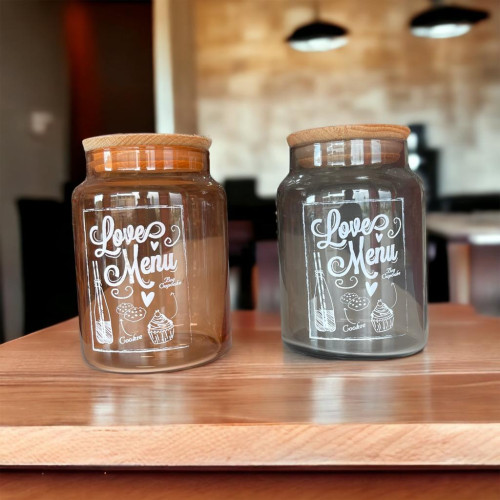 LOVE MENU PATTERNED GRAY GLASS JAR 890 ML LOVE MENU PATTERNED GRAY GLASS JAR 890 ML